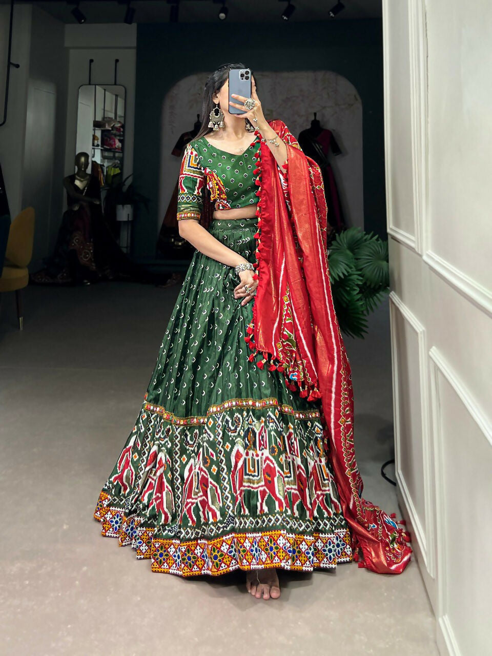Vastranavya Navaratri Special Dola Silk Patola Print With Gamthi Work Lace Border Lehenga with Stitched Blouse - Green