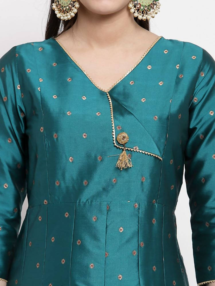 Myshka Women's Green Silk Solid 3/4 Sleeve V Neck Casual Anarkali Kurta Dupatta Set