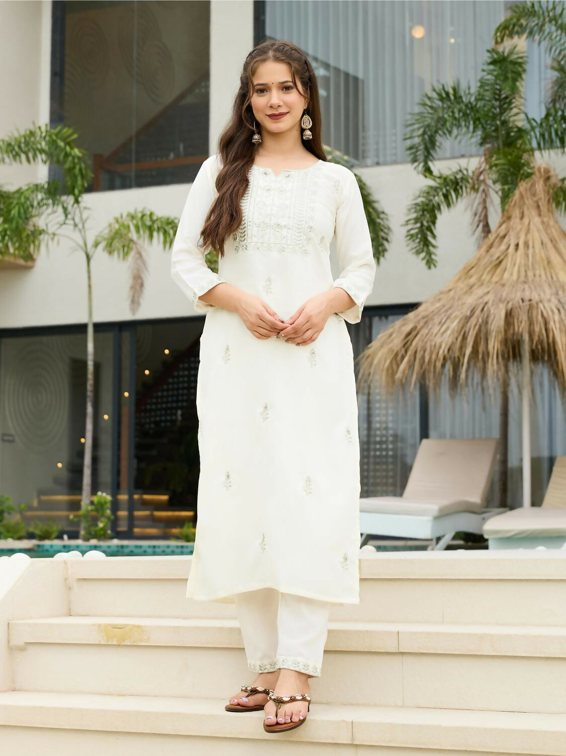 The52 White Women's Beautiful Rayon Slub Fabric Embroidered Work Straight Kurta, Pant and Dupatta Set - Distacart