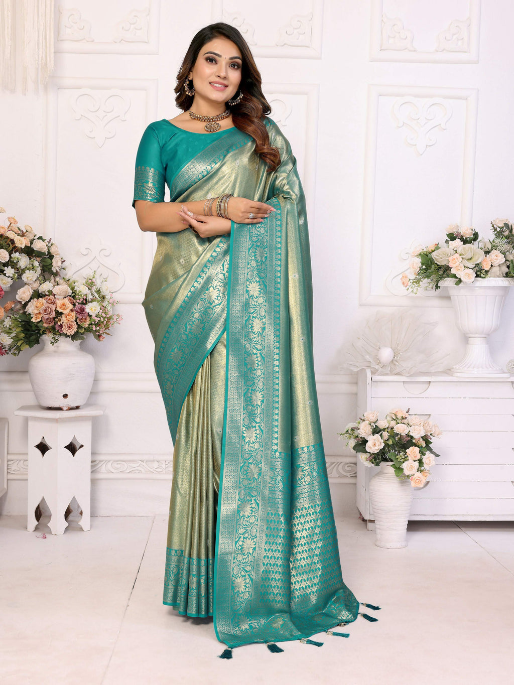 Aastha Fashion Sea Green Tissue Silk Weaving Saree - Distacart