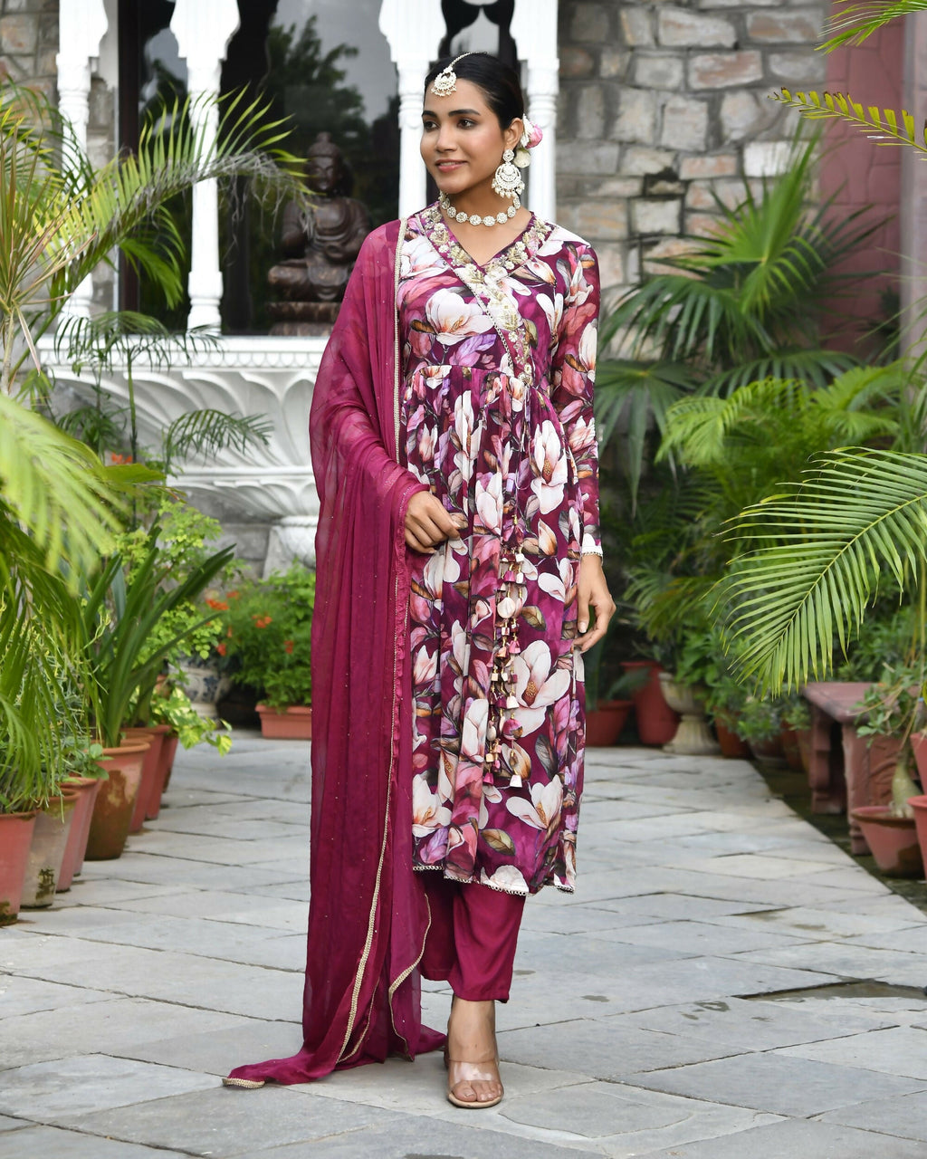 Vaasva Women's Chinon Emboidered Angrakha Anarkali Set With Solid Pant & Solid Embroidered Dupatta