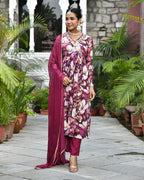 Vaasva Women's Chinon Emboidered Angrakha Anarkali Set With Solid Pant & Solid Embroidered Dupatta
