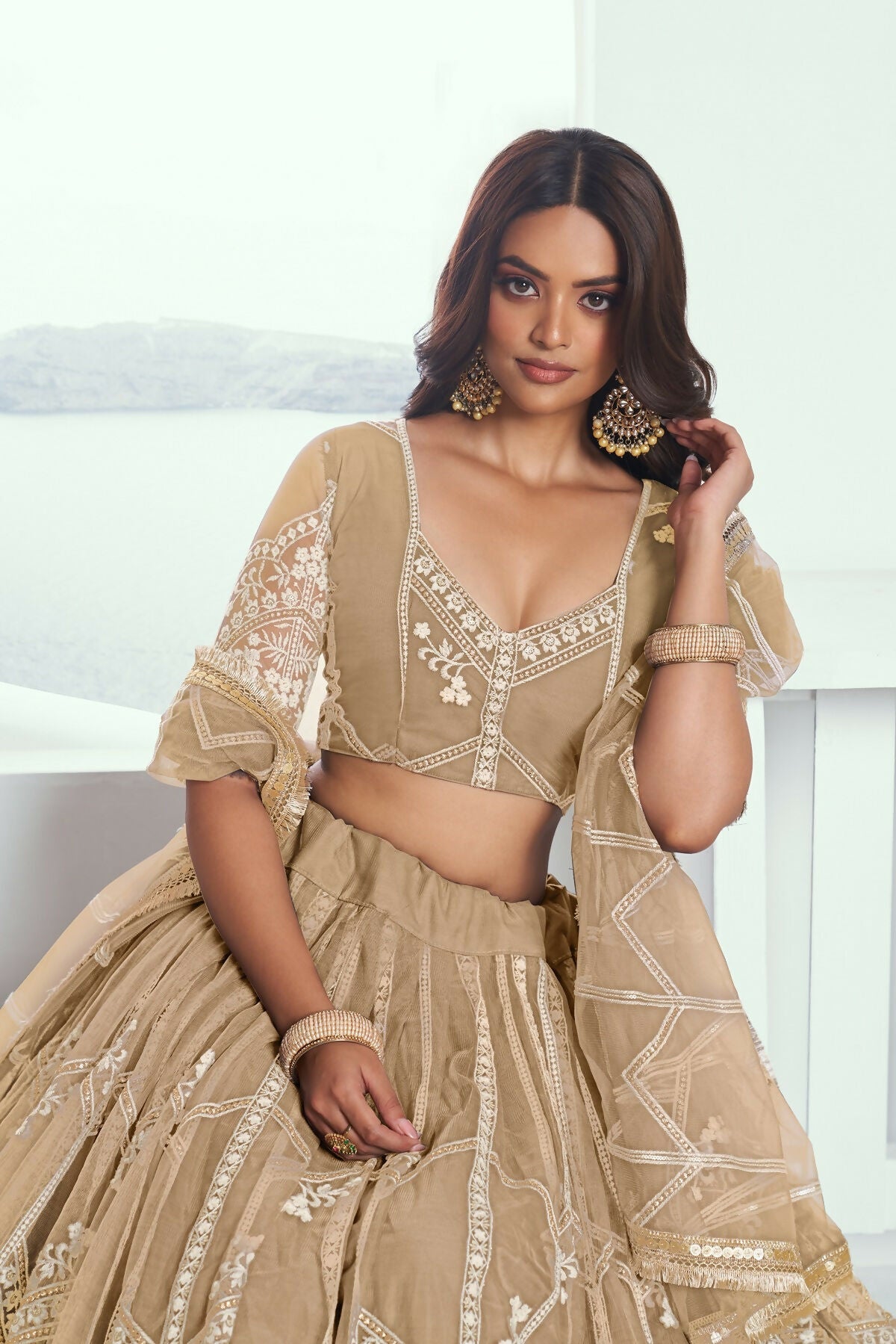 Eilara Charming Beige Thread Work Net Designer Lehenga Choli With Dupatta