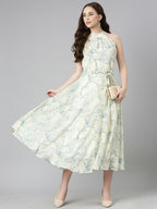 Souchii Cream & Blue Floral Chiffon Maxi Dress