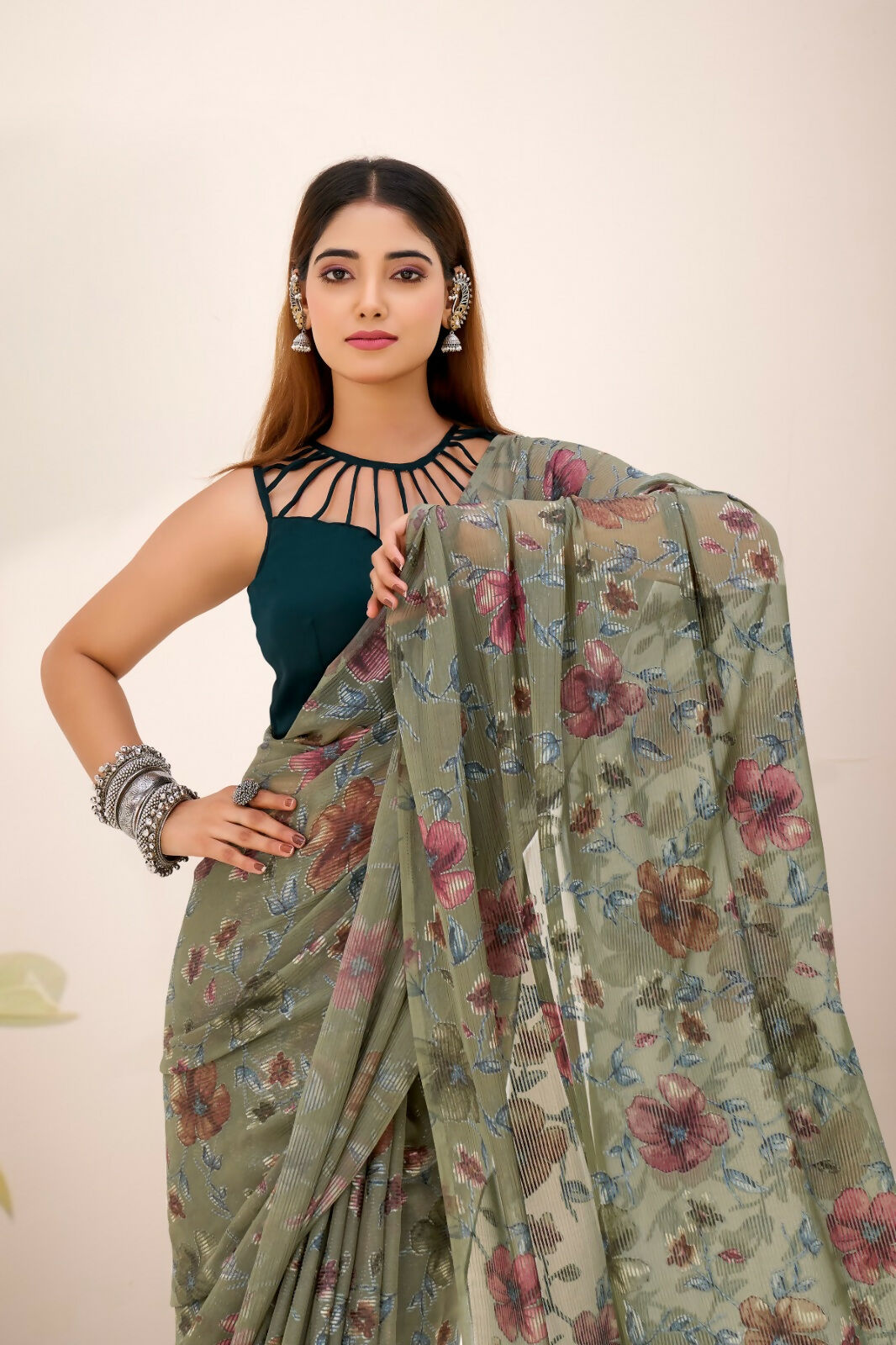 Vastranavya Mehendi Lurex Brasso Floral Printed Saree with Unstitched Blouse - Distacart