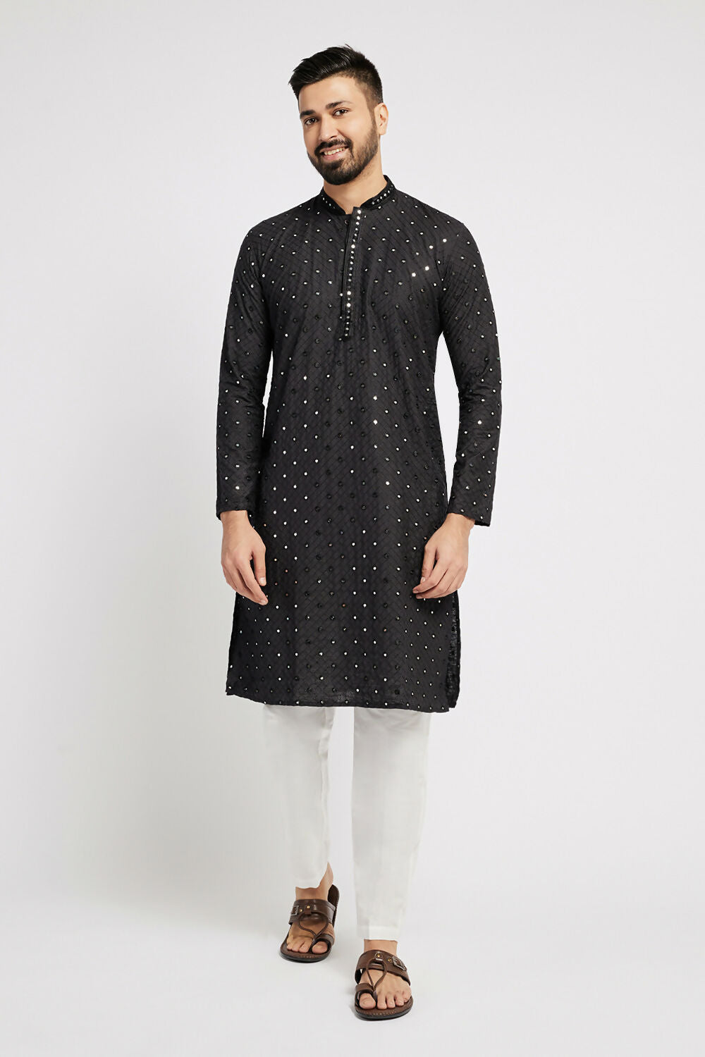 Ethnic India Black Men's Kurta Embellished Cotton