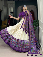 Lorenvalley Offwhite and Purple Tussar Silk Patola Print Lehenga Choli