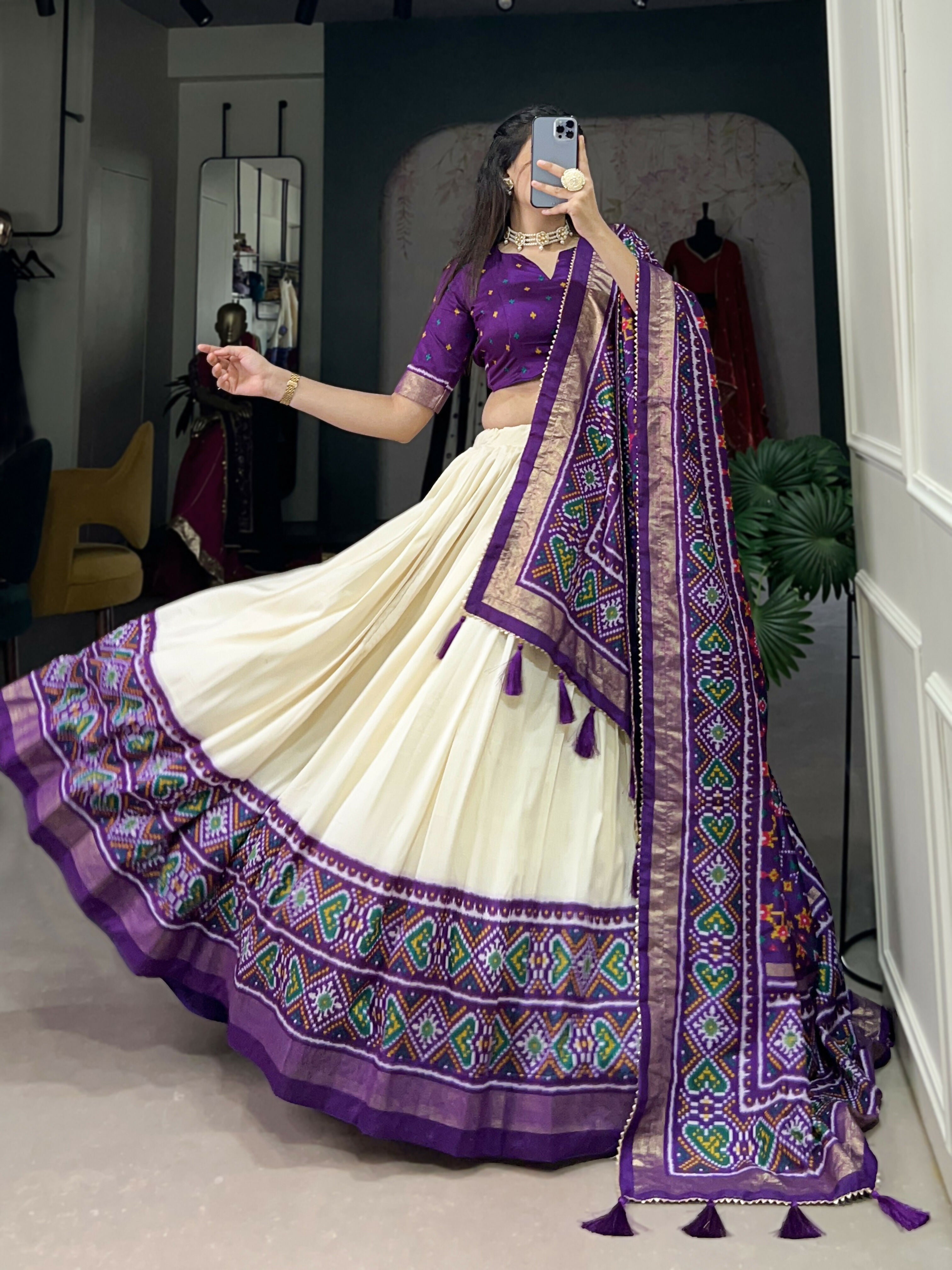Lorenvalley Offwhite and Purple Tussar Silk Patola Print Lehenga Choli