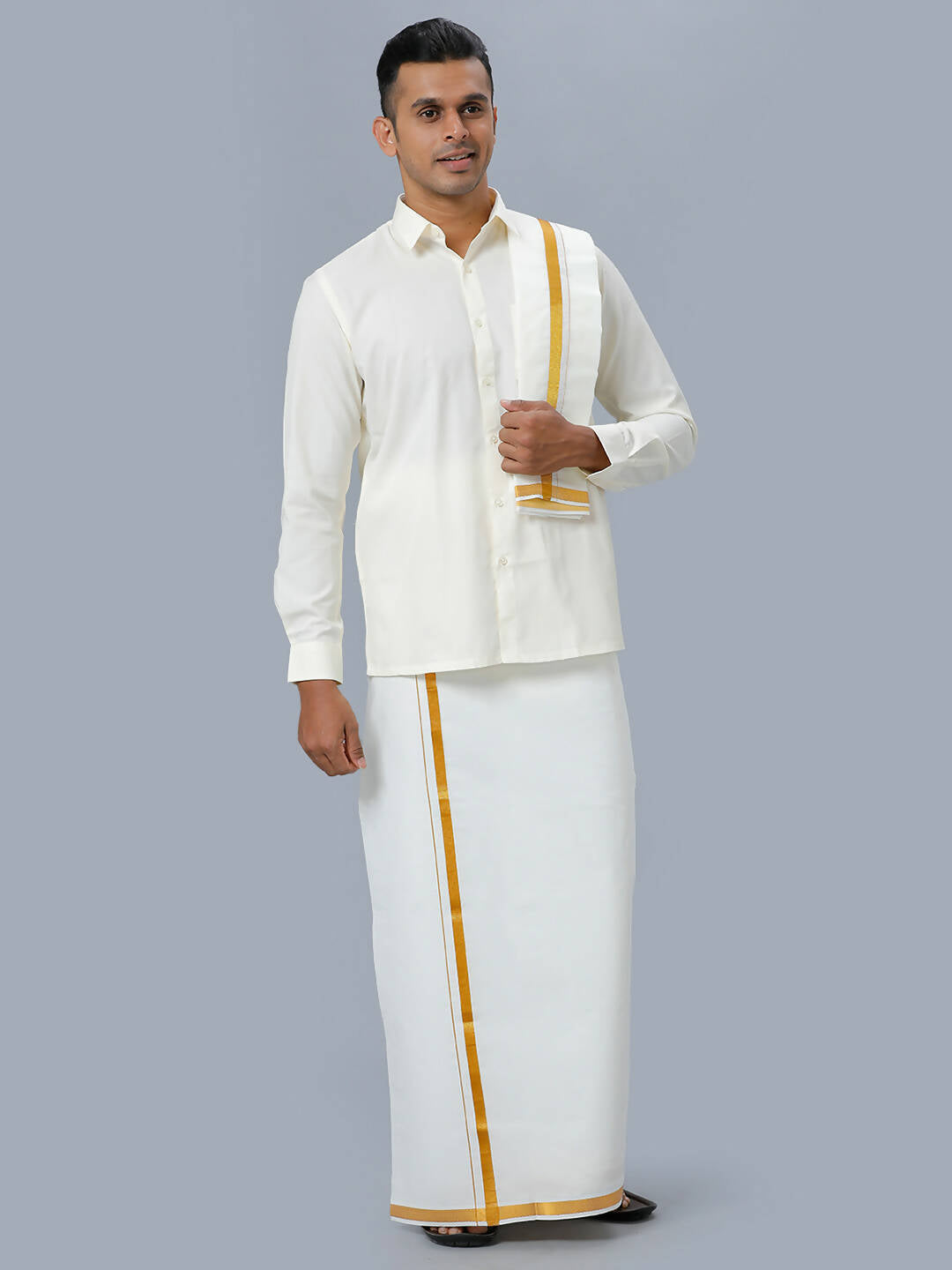 Ramraj Cotton Mens Wedding Cream Regular Dhoti, Shirt & Towel Set Subhakalyan 3/4"