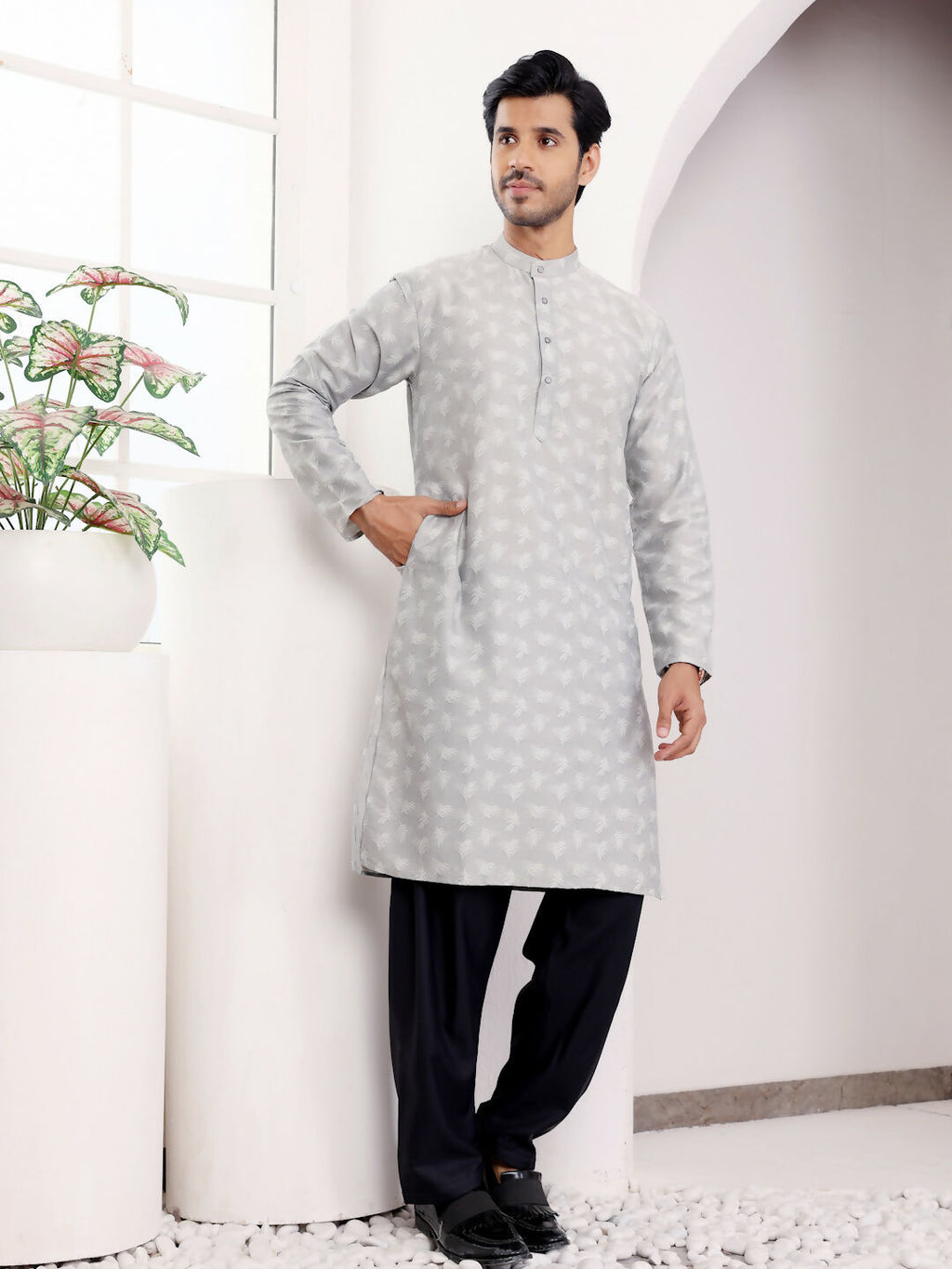 Light Grey Viscose Woven Jacquard Work Men's Kurta - Mahotsav