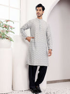 Light Grey Viscose Woven Jacquard Work Men's Kurta - Mahotsav