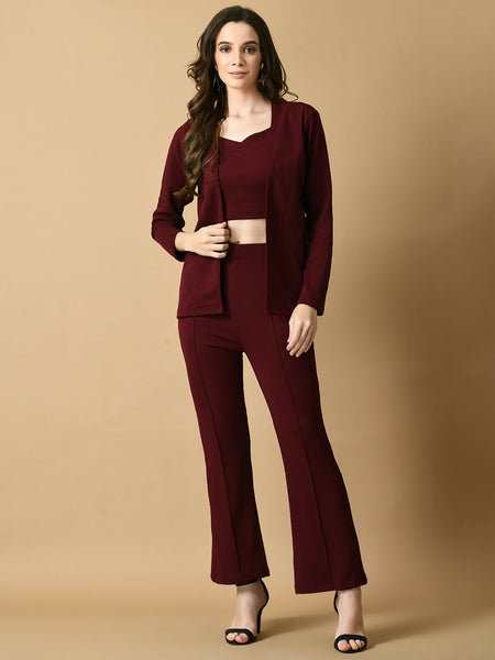 Myshka Women's Magenta Solid Coat With Trousers