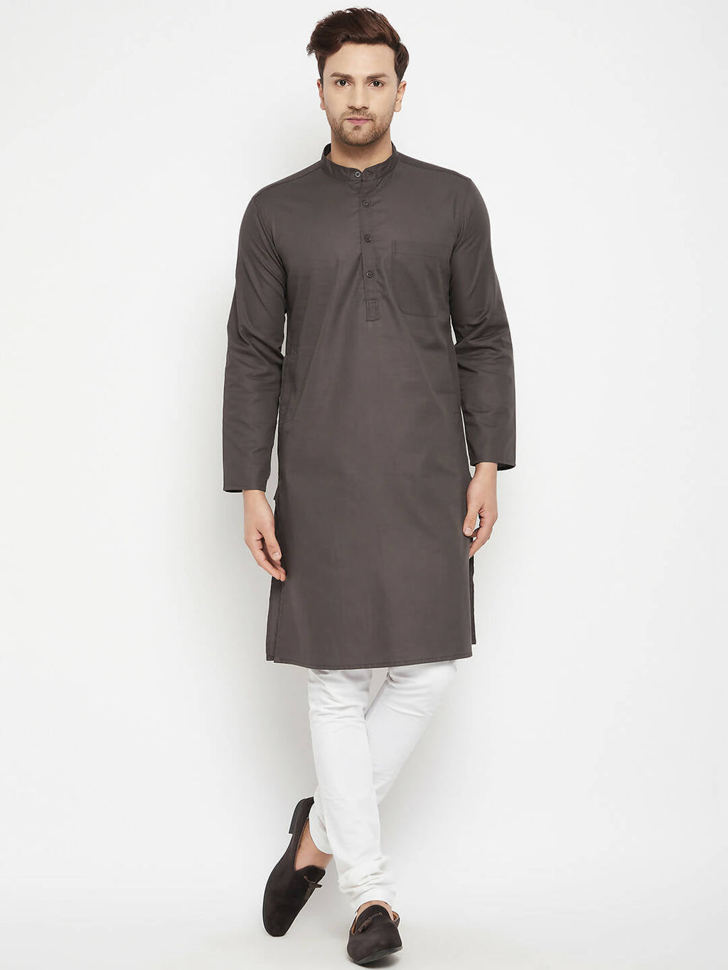 Even Apparels Brown Pure Cotton Long Men's Kurta With Band Collar - Distacart