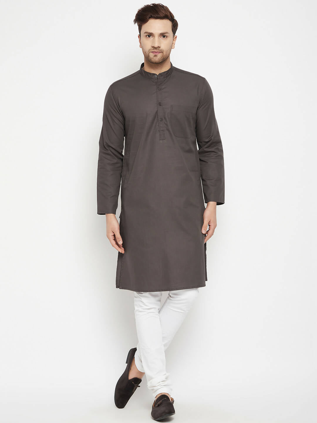 Even Apparels Brown Pure Cotton Long Men's Kurta With Band Collar - Distacart