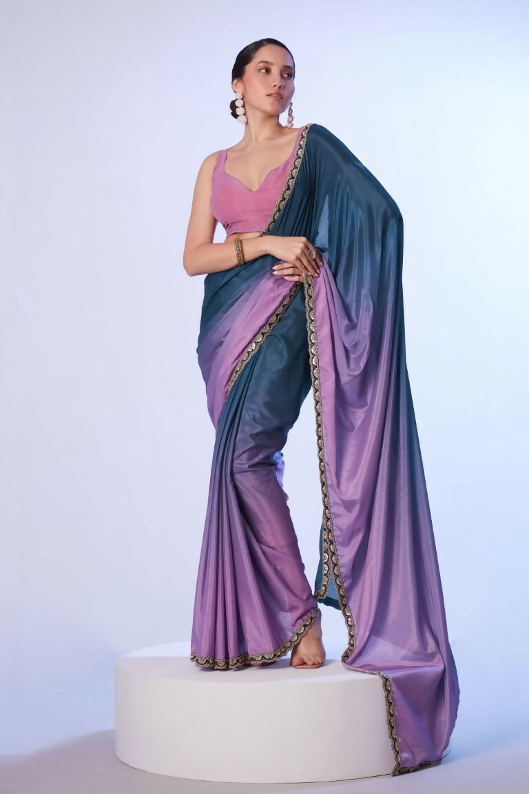 Teal Blue Chinon Solid Designer & Lace Work Saree - Samaa