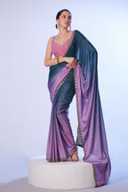 Teal Blue Chinon Solid Designer & Lace Work Saree - Samaa
