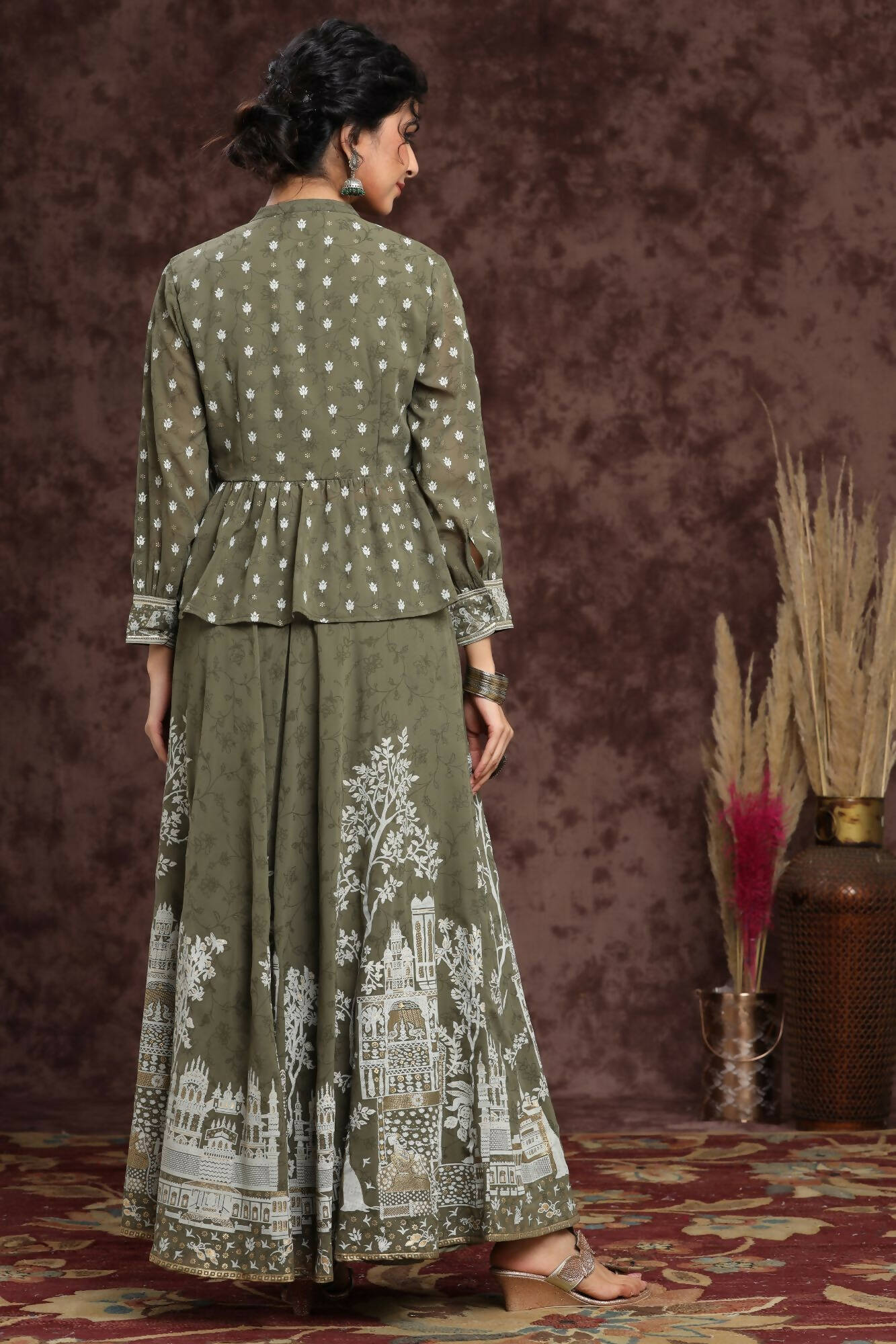 Juniper Women Olive Georgette Printed Flared Lehenga Choli Sets - Distacart