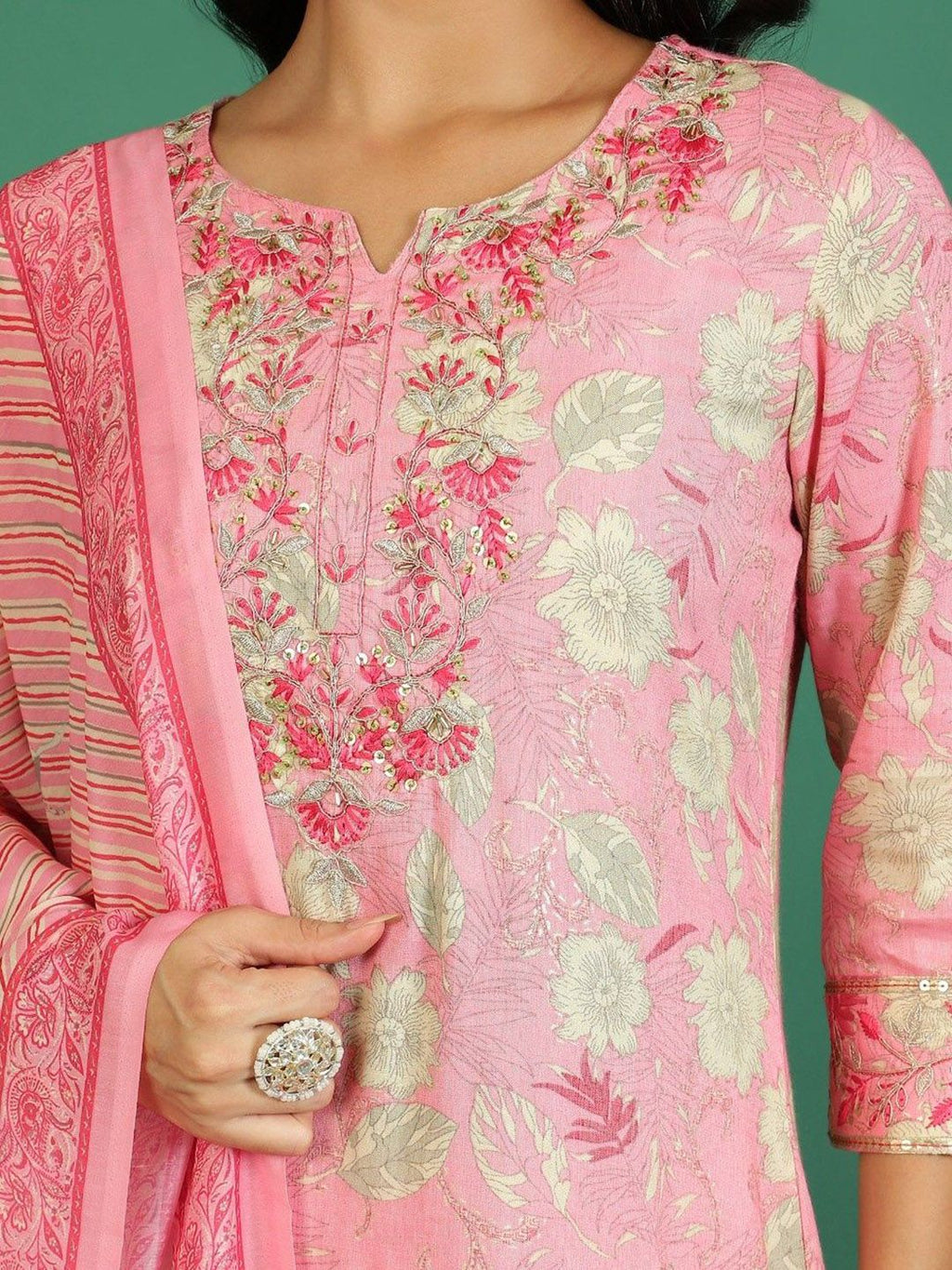 Sangria Floral Printed & Embroidered Kurta & Trouser With Dupatta