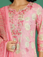 Sangria Floral Printed & Embroidered Kurta & Trouser With Dupatta