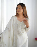 Joban Fashion White Kurta Set Silk Sequins , Zari, Coding & Thread Embroidered work - Distacart