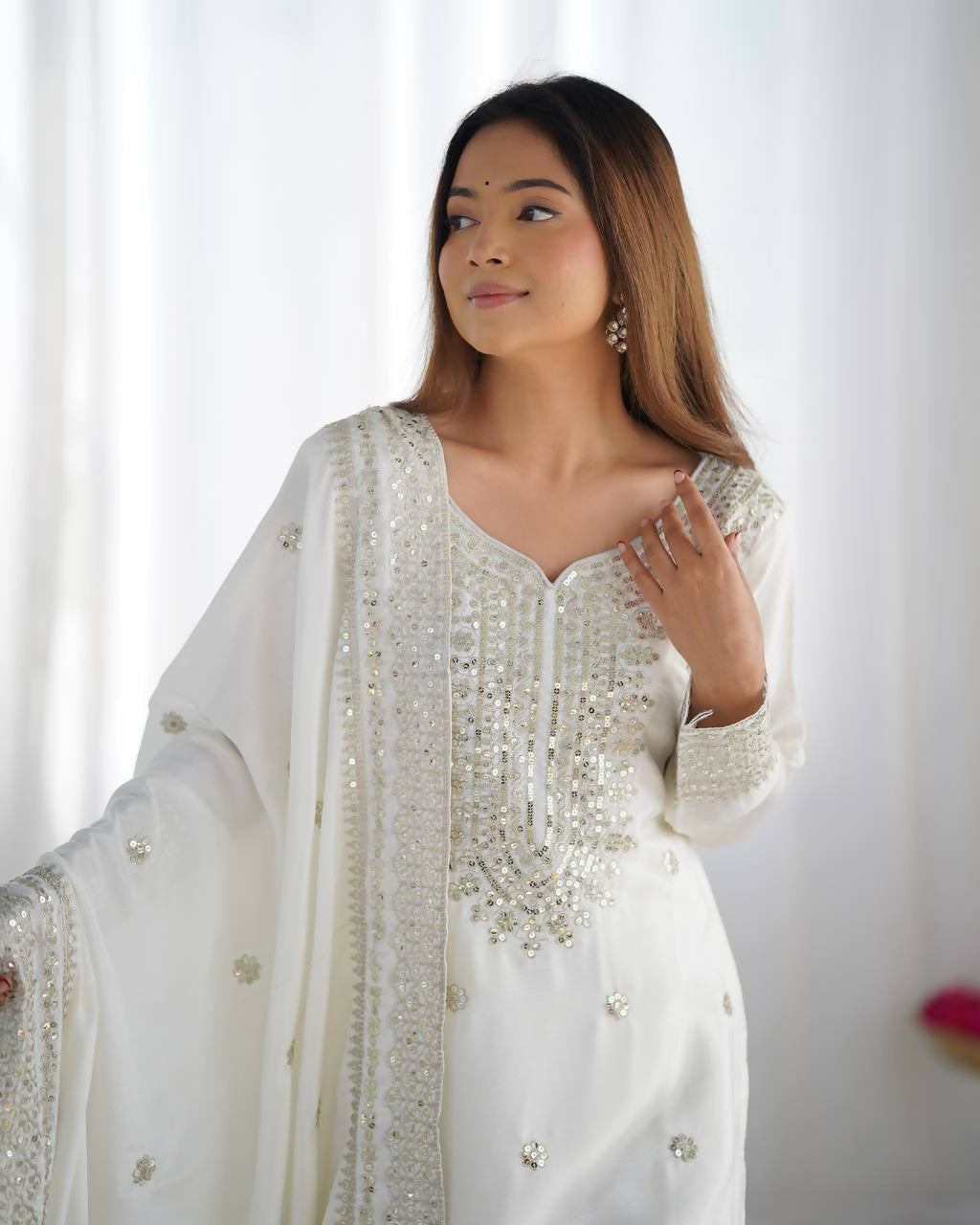 Joban Fashion White Kurta Set Silk Sequins , Zari, Coding & Thread Embroidered work - Distacart