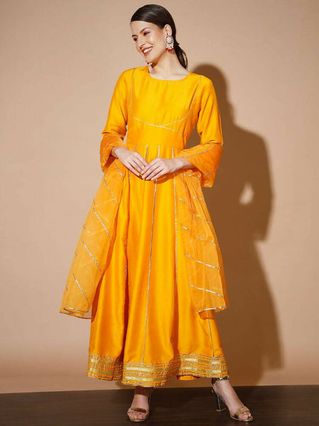 Myshka Women Mustard Solid Kurta & With Dupatta