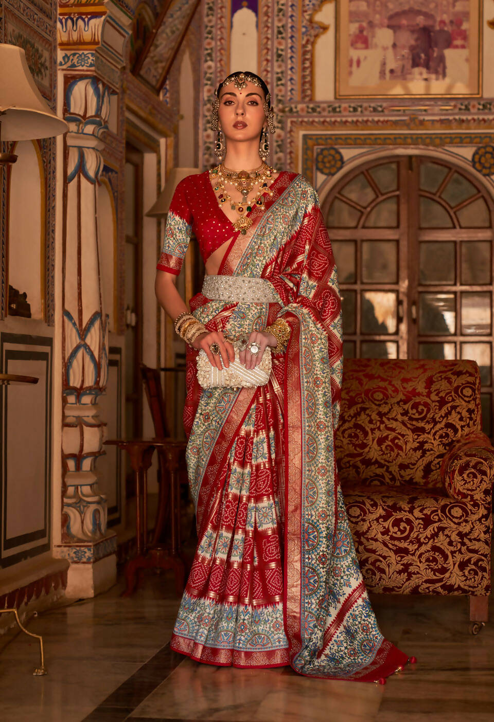 Red P V Silk Digital Print, Zari Work Printed Saree - Rewaa Parampara