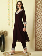 Myshka Women's Coffee Brown Georgette Kurta With Trousers Party Sets