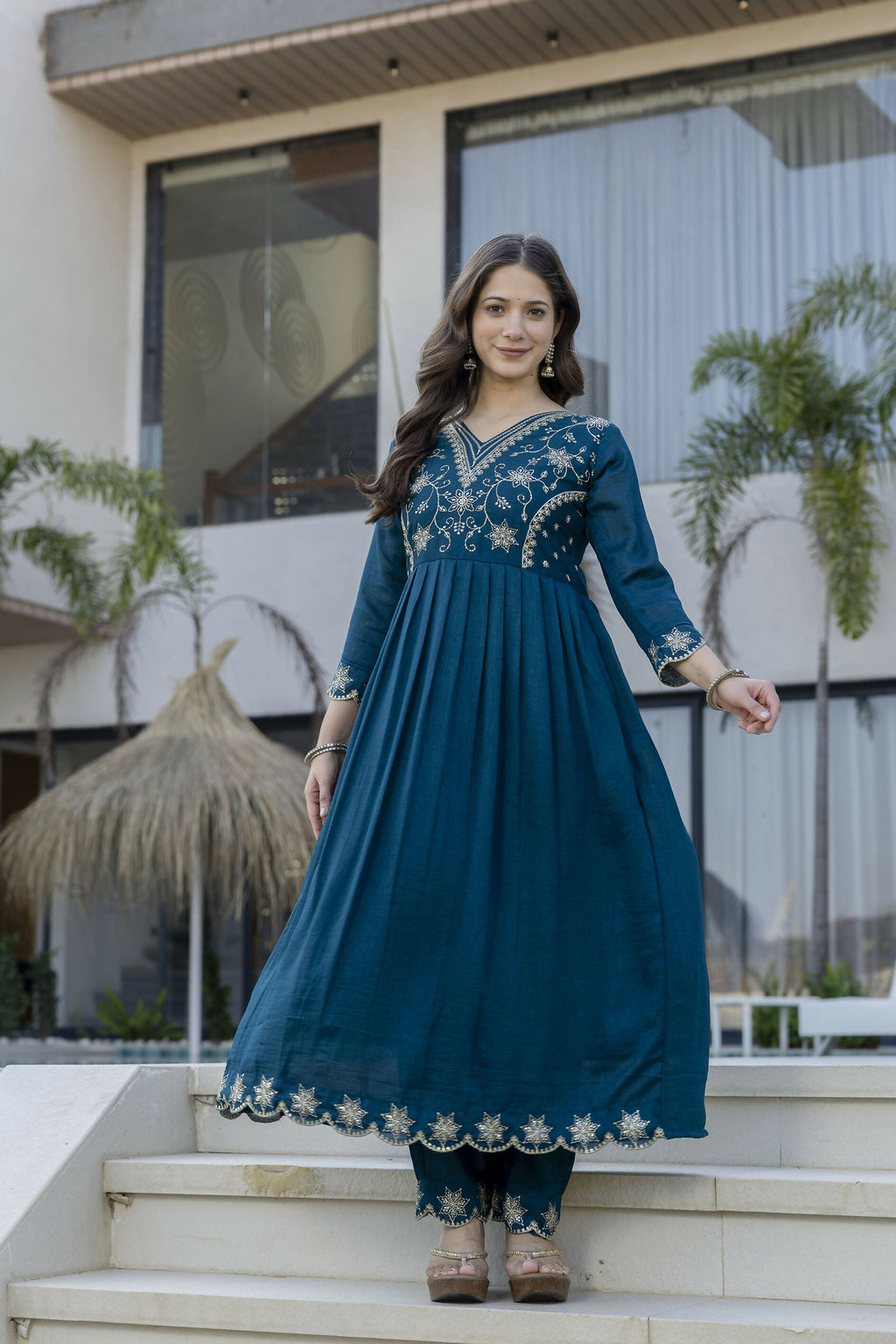 The52 Women's Beautiful Embroidery Work Vichitra Silk Fabric Flared Anarkali Pant and Dupatta Set - Distacart