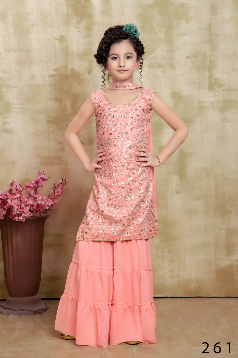 Kids Wedding Designer Pink Fox Georgette Sharara Suit - Aaradhna
