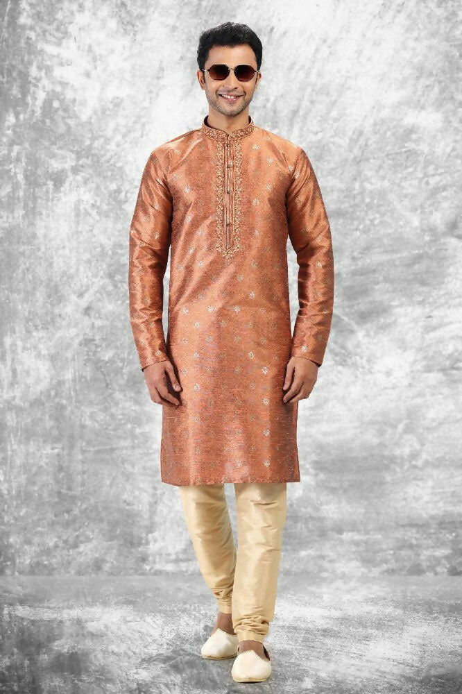 Raivat Ethnic Jacquard Silk Brocade Thread Work Kurta Pajama In Rust Brown Colour