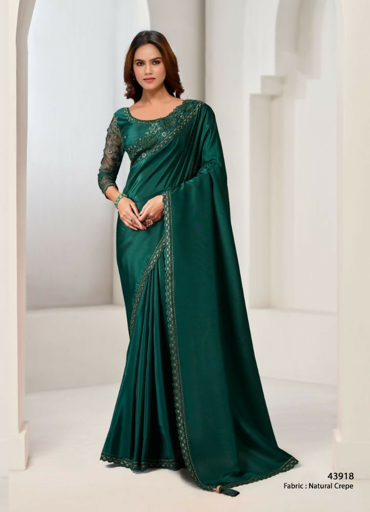 Green Natural Crepe Solid Saree with Unstitched Blouse Piece - Norita Saanjh