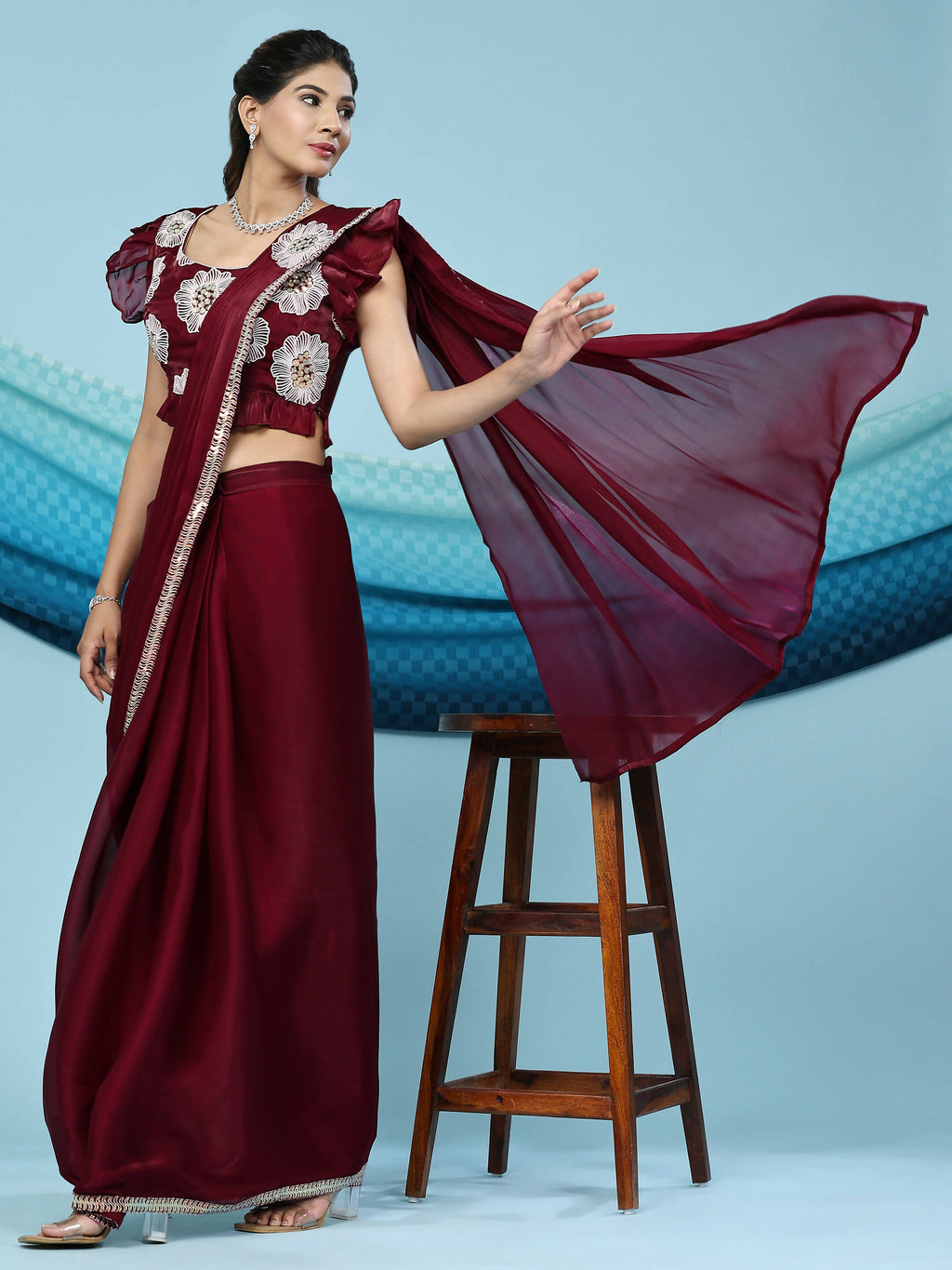 Maroon Silk Satin Sequence Work Ready to Wear Saree with stitched Blouse - Nirvana