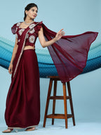 Maroon Silk Satin Sequence Work Ready to Wear Saree with stitched Blouse - Nirvana