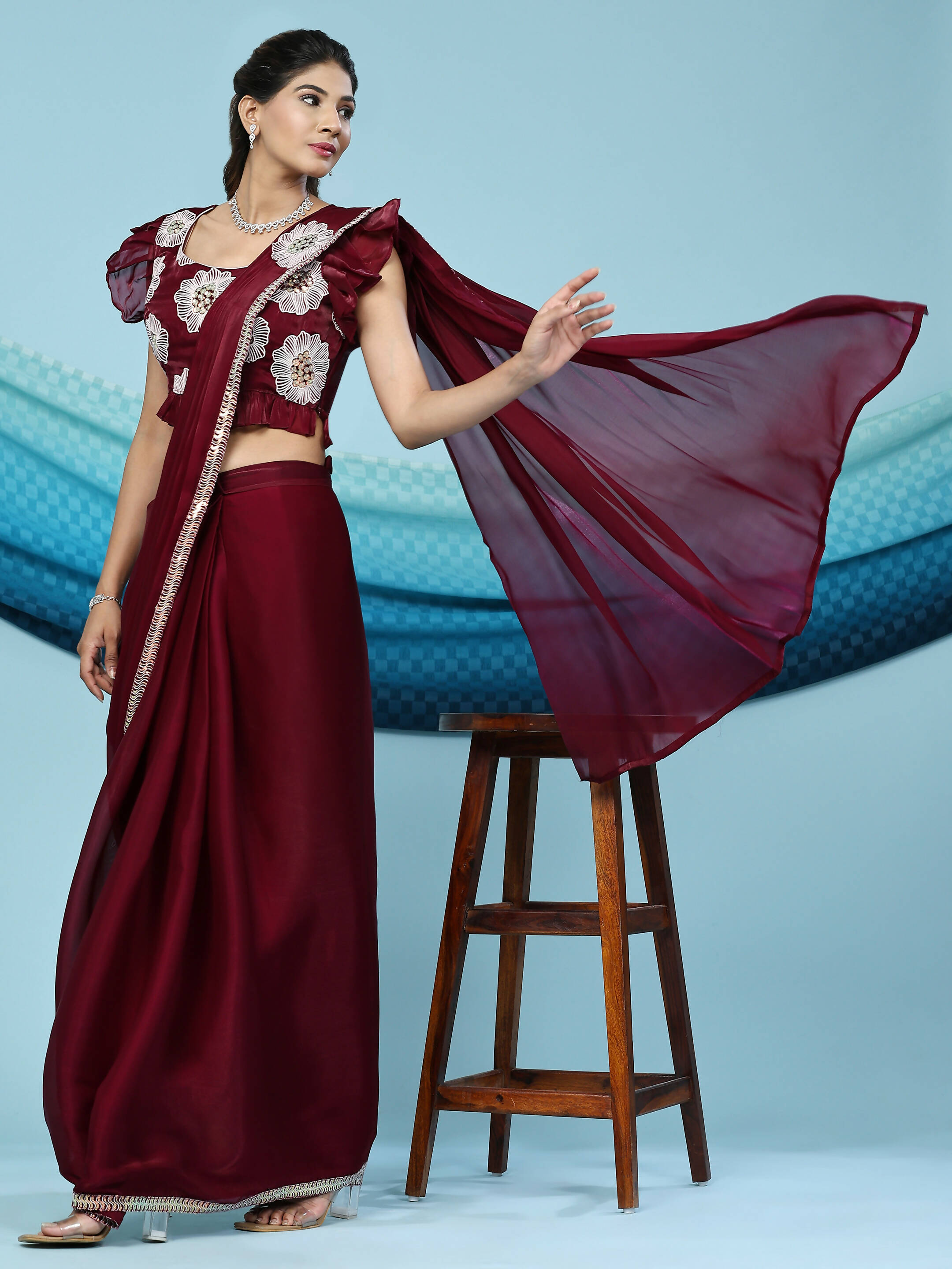 Maroon Silk Satin Sequence Work Ready to Wear Saree with stitched Blouse - Nirvana