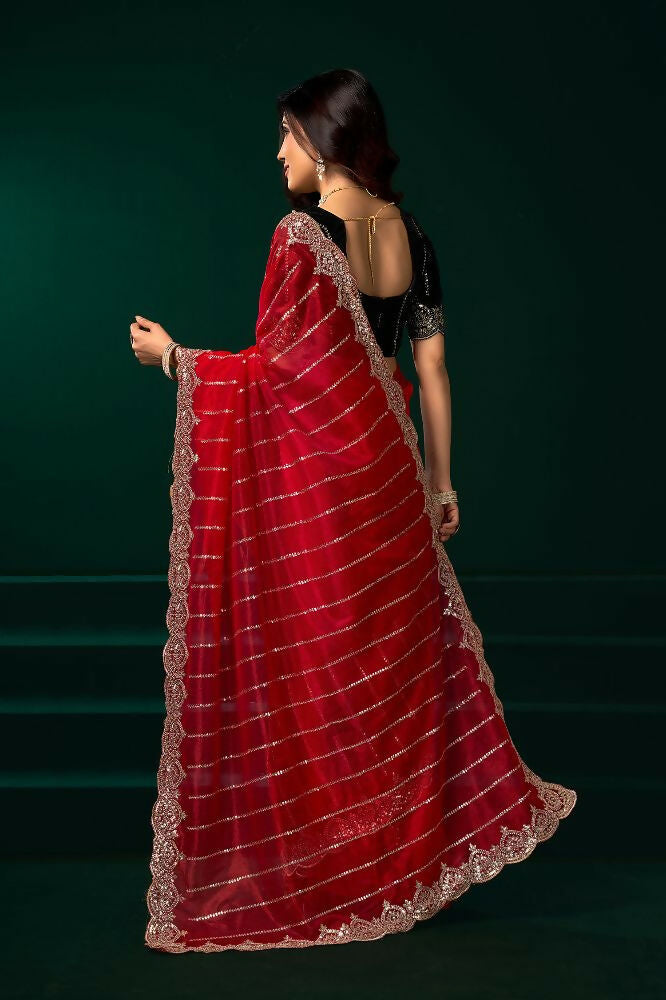 Joban Fashion Red Net Party Wear Sarees - Distacart
