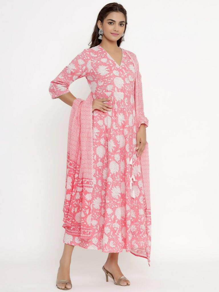 Miravan Women's Cotton Floral Print Anarkali Kurta With Dupatta