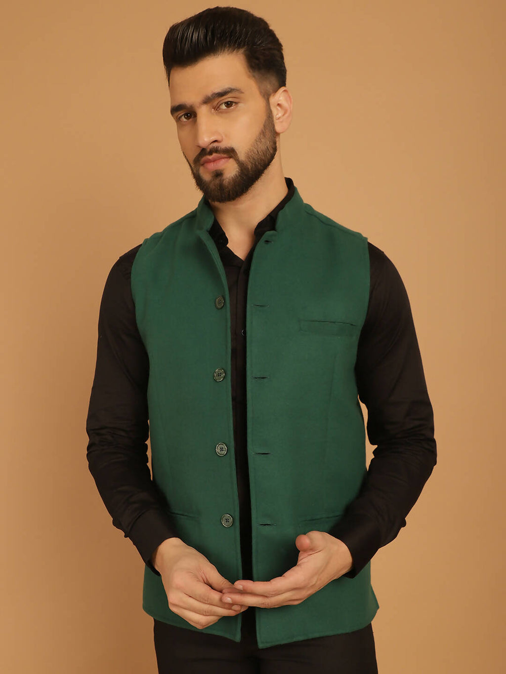 Even Apparels Pure Wool Nehru Jacket - Green