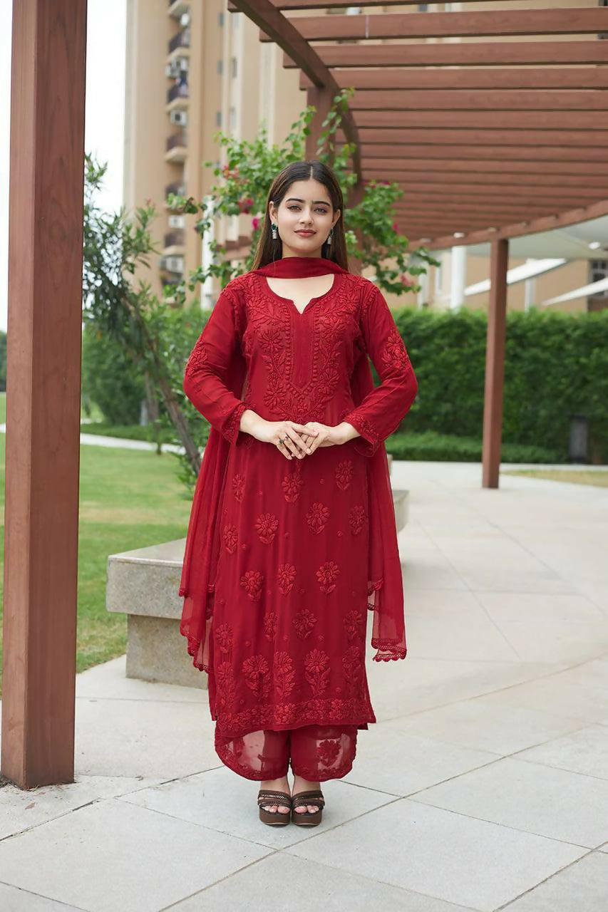 Joban Fashion Red Kurta Set Georgette Embroidery Sequence Work - Distacart