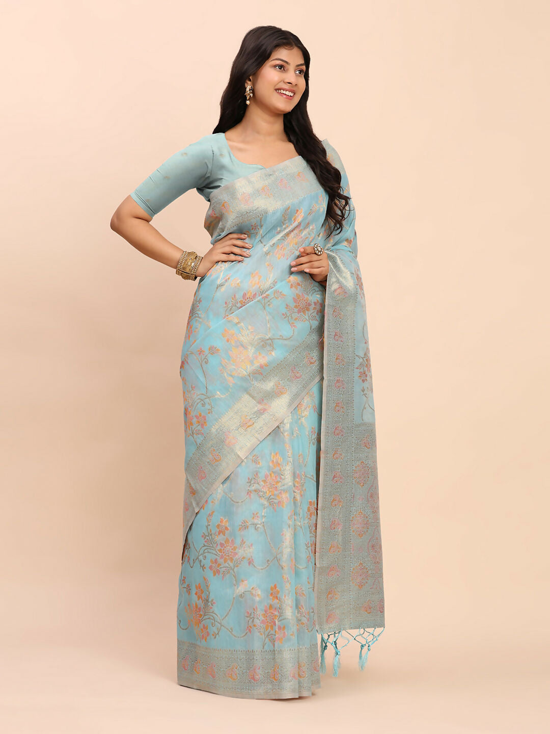 Shree Shyam Fashion Linen Cotton Sky Blue Saree - Distacart