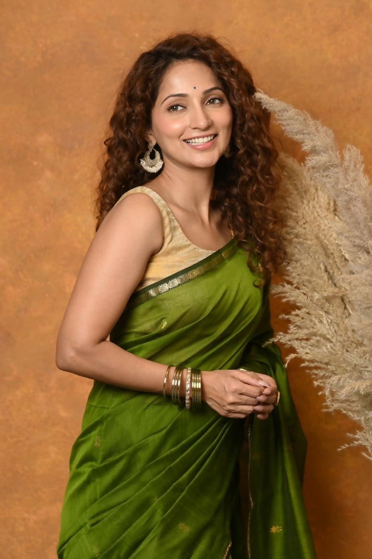 Very Much Indian Handloom Pure Cotton Silk Saree With Sleek Golden Border - Green