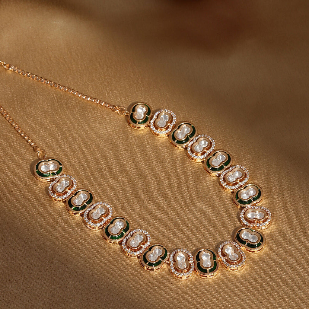 Double Mufli (peanut) Meenakari and Diamond Neckpiece (Gold) - Ruby Raang