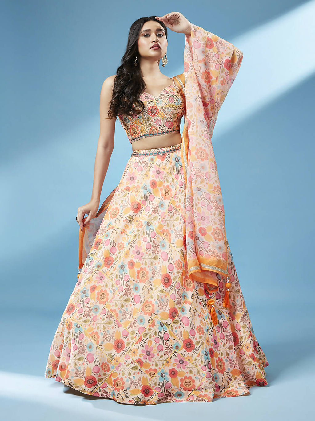 House of Panchhi Orange Organza Floral Printed Lehenga choli & Dupatta
