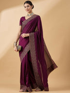 Purple Silk Blend Embroidered Saree with Unstitched Blouse - Vairagi