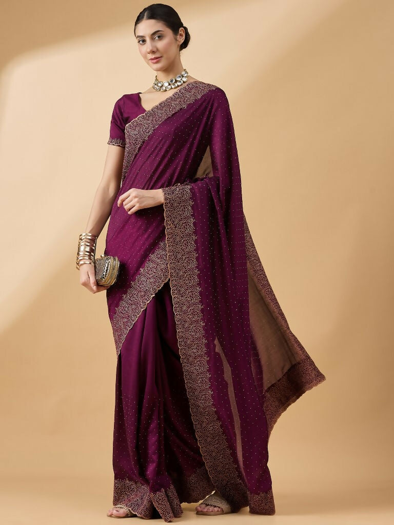 Purple Silk Blend Embroidered Saree with Unstitched Blouse - Vairagi