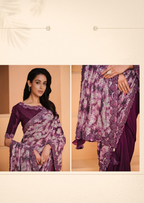 Wine Satin Crepe Silk Embroidery with Digital Sequence Work Saree - Norita Helly