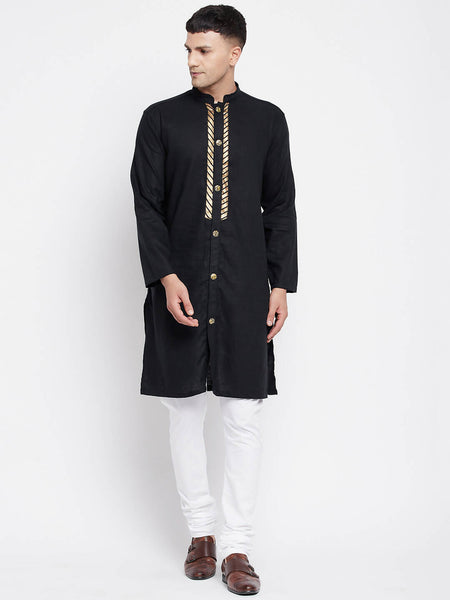 Even Apparels Black Linen Men's Sherwani Kurta With Decorative Placket