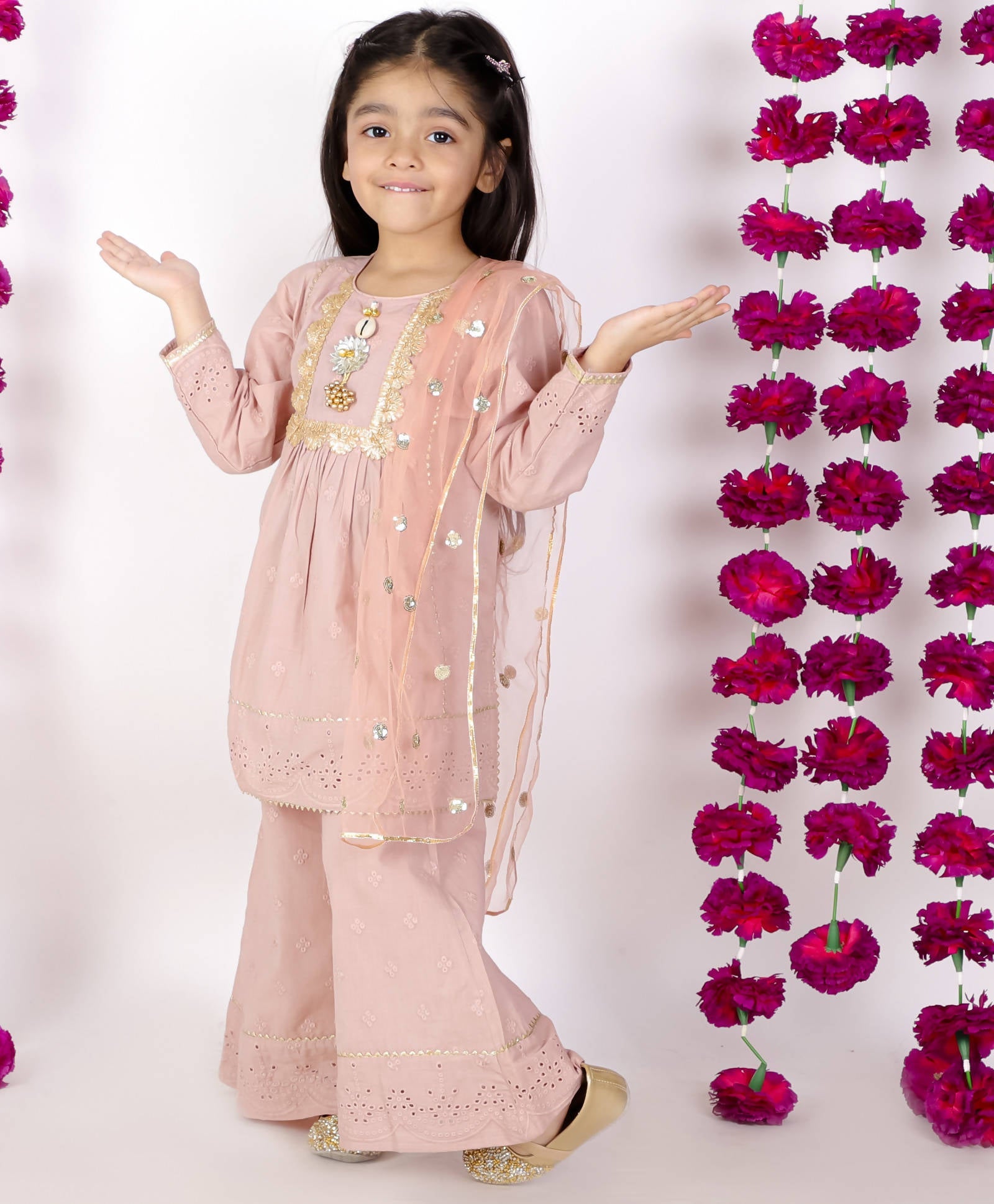 Little Bansi Girls Brown Tussel work Schiffli Kurta Frock with Plazzo and Dupatta