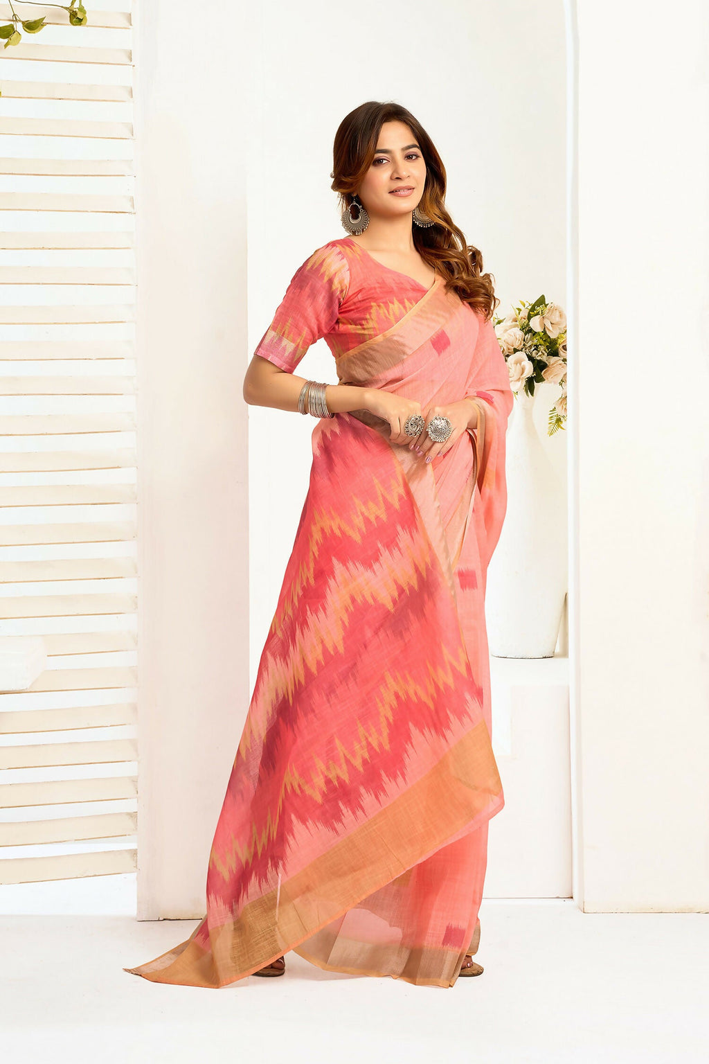 Joban Fashion Peach Ikkat Linen Ready To Wear Saree With Unstitched Blouse - Distacart