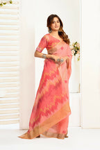 Joban Fashion Peach Ikkat Linen Ready To Wear Saree With Unstitched Blouse - Distacart